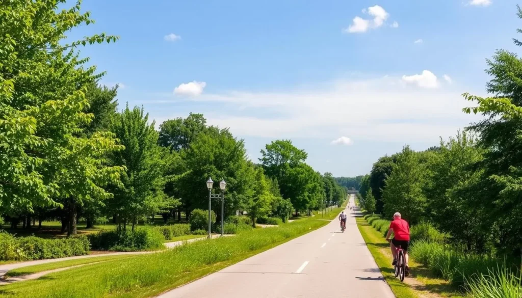 Mary Black Rail Trail in Spartanburg with cyclists and pedestrians enjoying the paved path