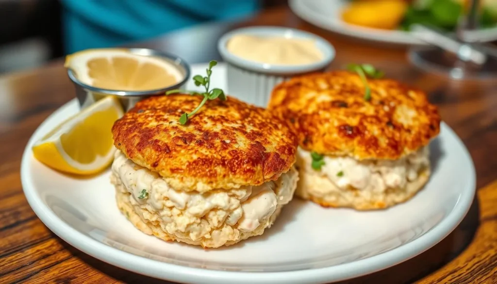 Maryland-style crab cakes with minimal filler at a Washington DC seafood restaurant