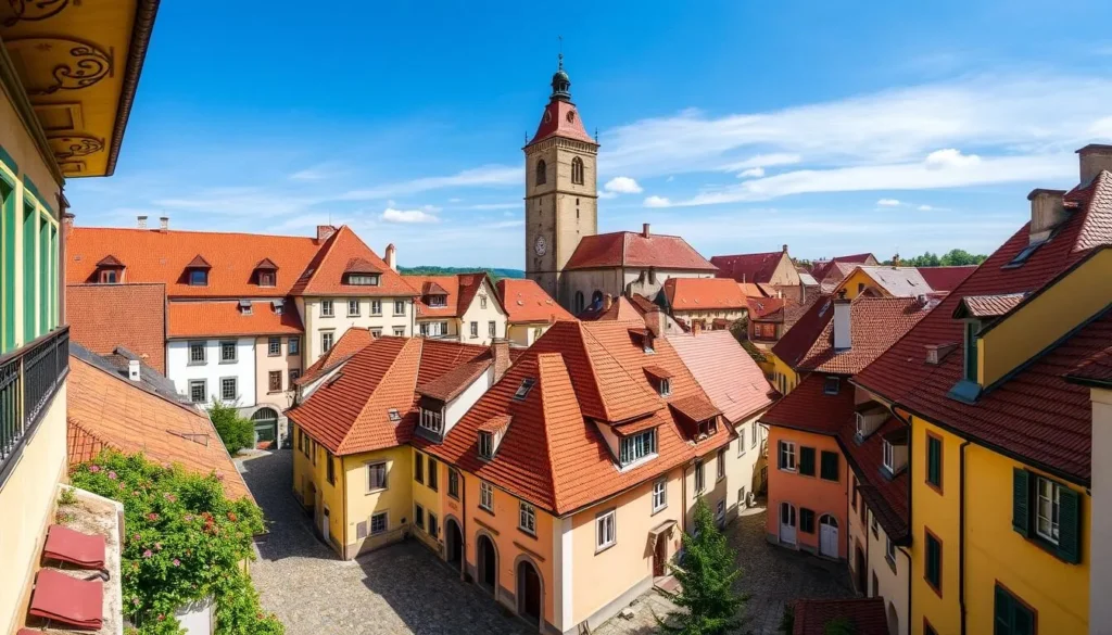 Medieval cityscape of Sighișoara with colorful buildings and clock tower in Transylvania, Romania Medieval cityscape of Sighișoara with colorful buildings and clock tower in Transylvania, Romania