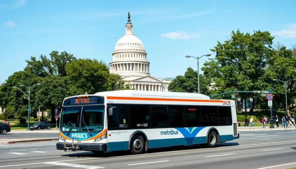 Metrobus traveling along a Washington DC street with the Capitol building visible in the background