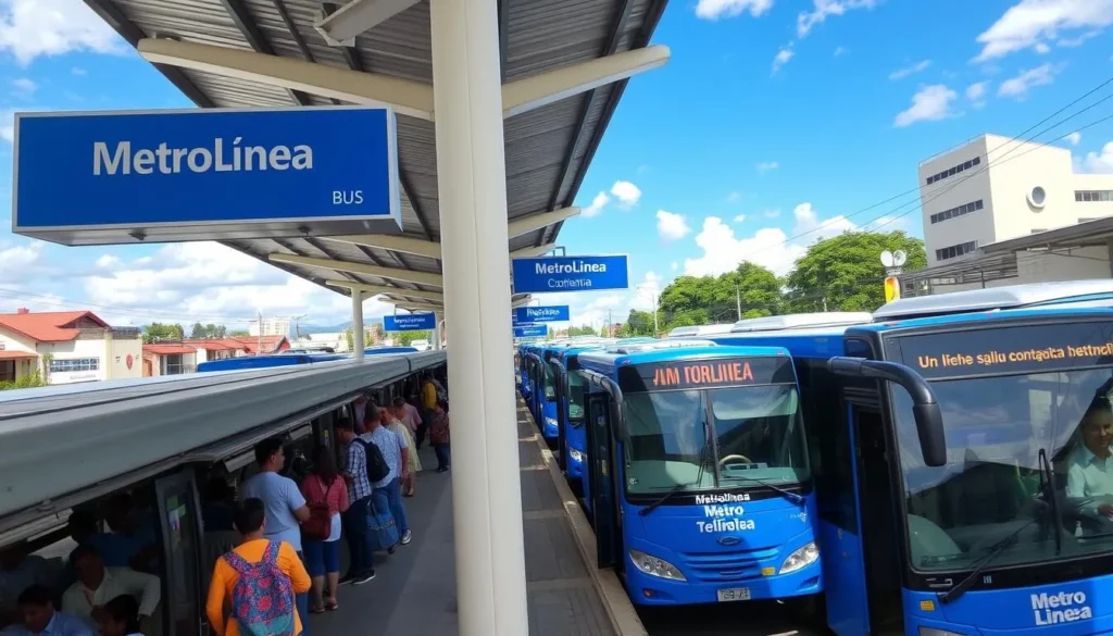Metrolínea bus station in Bucaramanga with passengers boarding Metrolínea bus station in Bucaramanga with passengers boarding