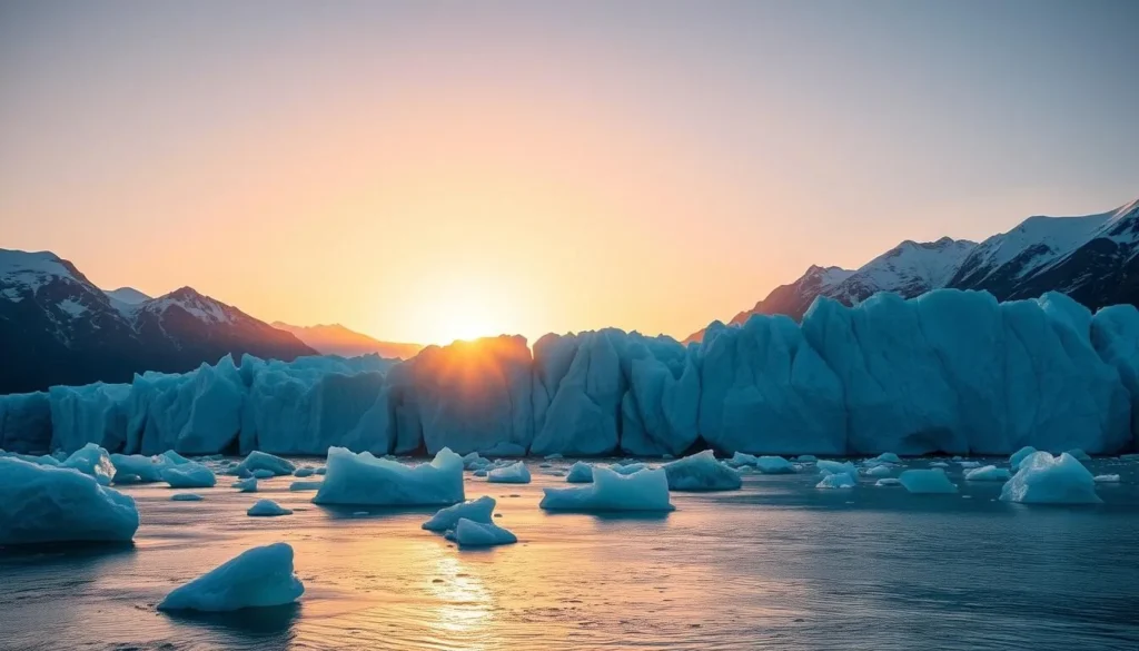 Midnight sun illuminating a glacier in Svalbard, showcasing top Svalbard and Jan Mayen things to do Midnight sun illuminating a glacier in Svalbard, showcasing top Svalbard and Jan Mayen things to do