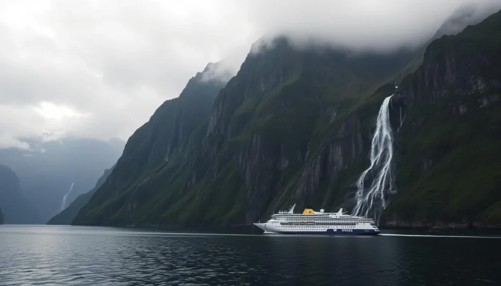 Milford Sound with dramatic cliffs and waterfalls, top New Zealand attraction Milford Sound with dramatic cliffs and waterfalls, top New Zealand attraction