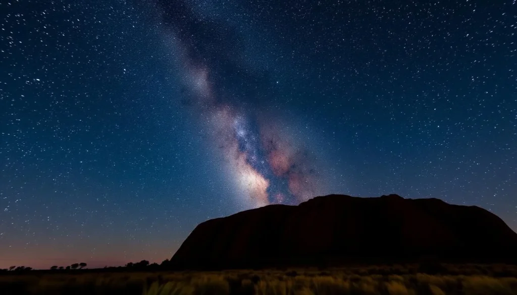 Milky Way and stars over Uluru (Ayers Rock) at night with silhouette of the monolith visible Milky Way and stars over Uluru (Ayers Rock) at night with silhouette of the monolith visible