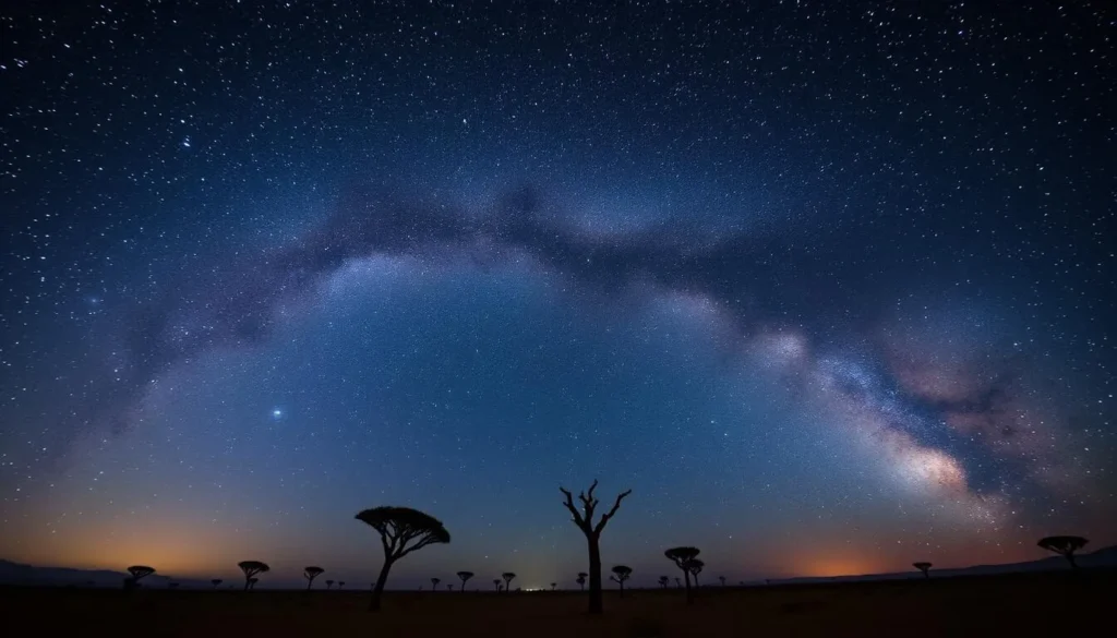 Milky Way galaxy over Namibian desert landscape with silhouetted acacia trees - best things to do in Namibia