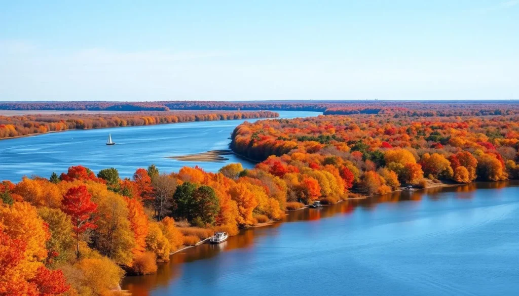 Millsboro in autumn with colorful fall foliage along the Indian River