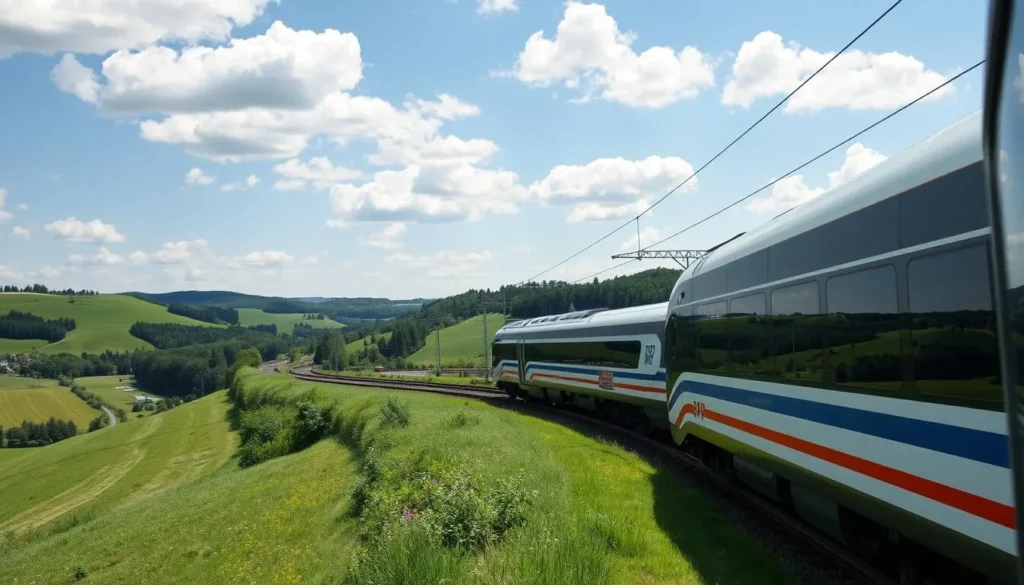 Modern Polish intercity train passing through scenic countryside with rolling hills and forests