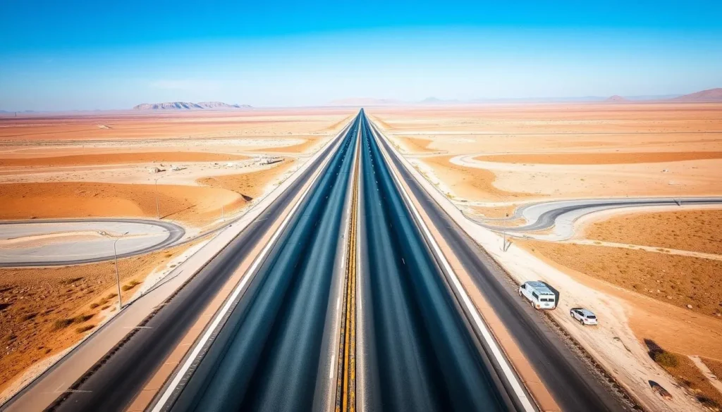Modern highway in Turkmenistan with desert landscape, representing transportation options and best things to do in Turkmenistan Modern highway in Turkmenistan with desert landscape, representing transportation options and best things to do in Turkmenistan