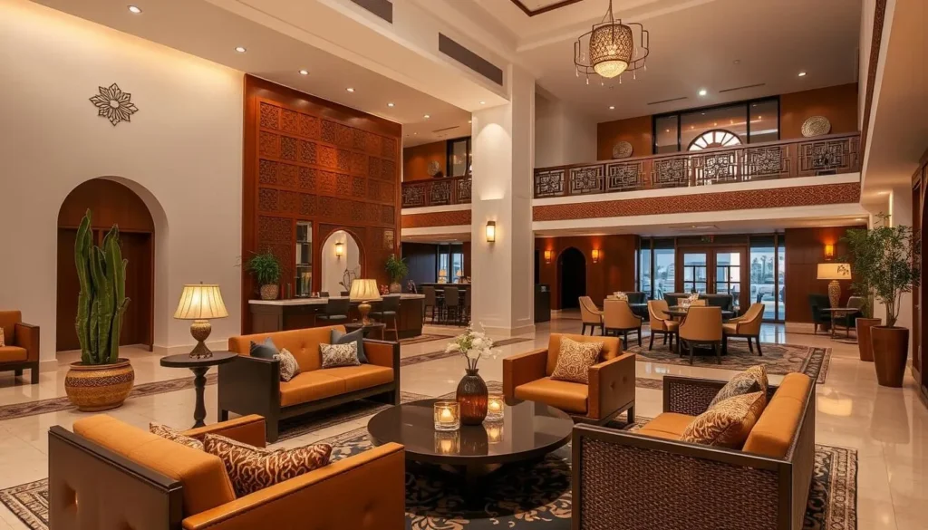 Modern hotel lobby in Laayoune with traditional Moroccan design elements Modern hotel lobby in Laayoune with traditional Moroccan design elements