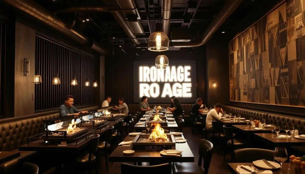 Modern interior of Iron Age restaurant with industrial design elements and tabletop grills