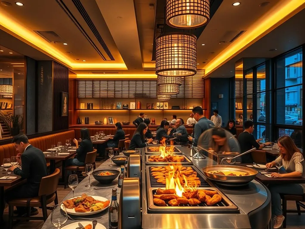 Modern restaurant interior in Shaw neighborhood with Korean-inspired decor and tabletop grills
