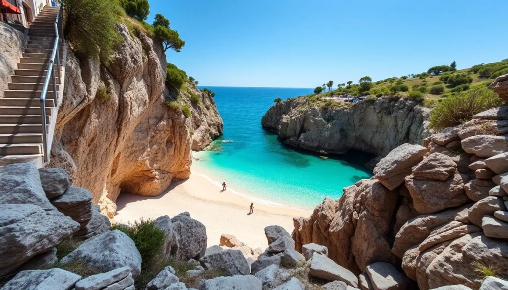 Mogren Beach near Budva with clear turquoise water and cliffs Mogren Beach near Budva with clear turquoise water and cliffs