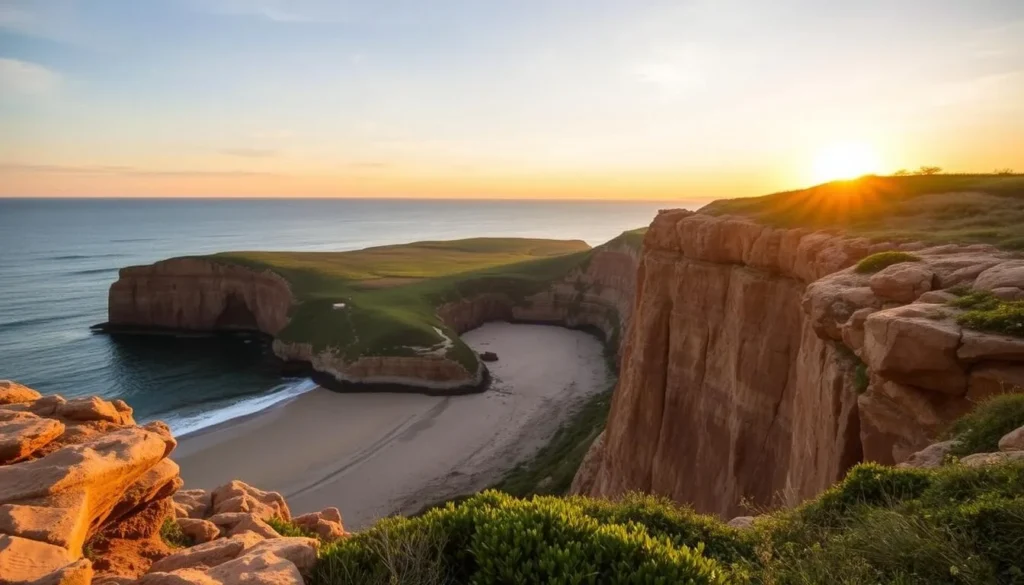 Mohegan Bluffs Block Island with dramatic clay cliffs and secluded beach