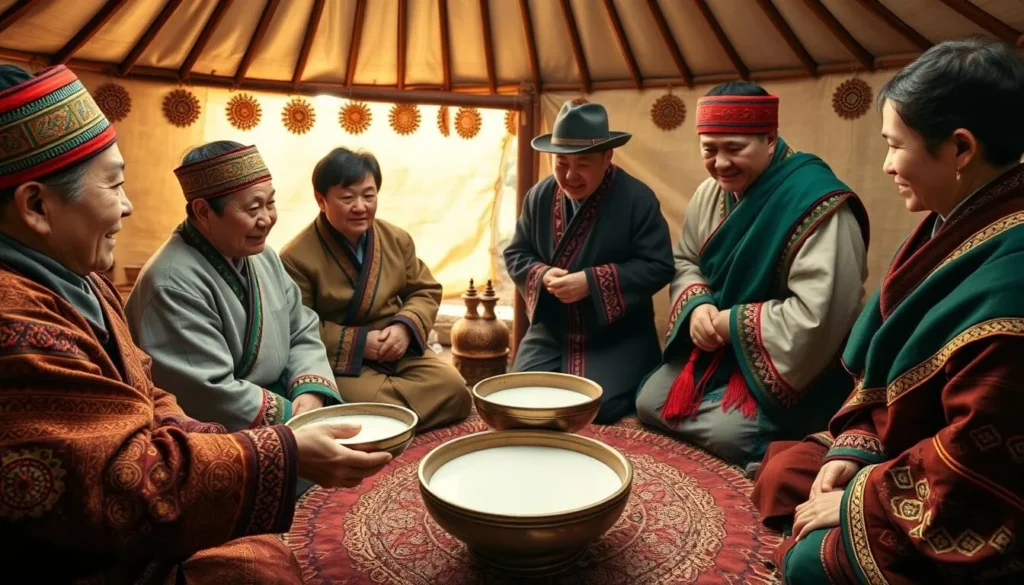 Mongolian family welcoming guests with traditional greeting ceremony, cultural Mongolia Best Things to Do