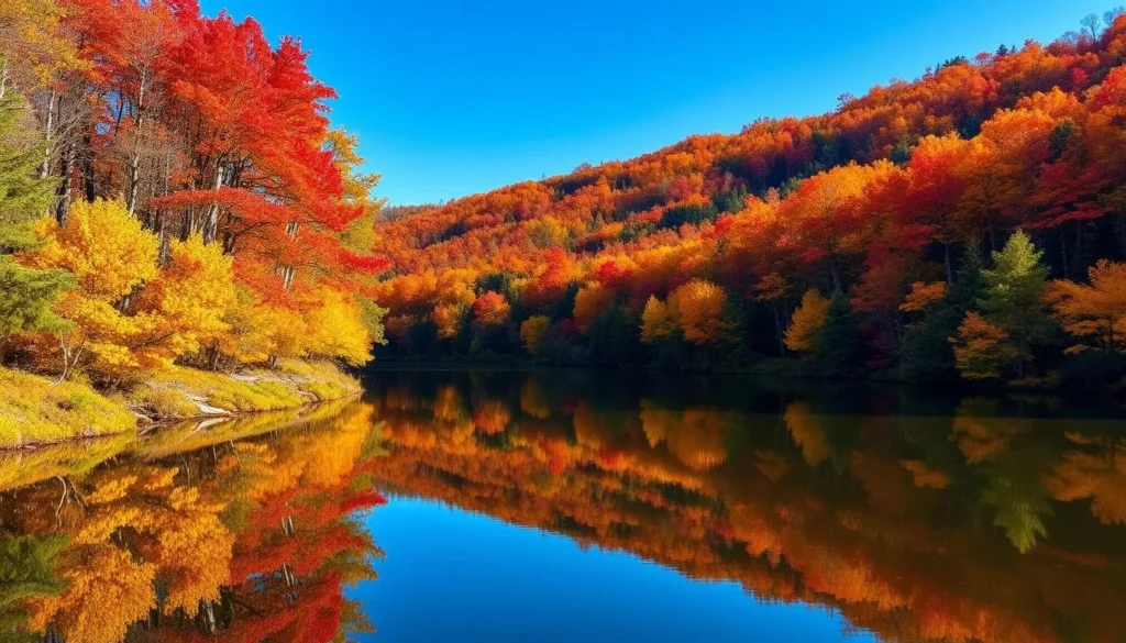 Monongahela National Forest in autumn with vibrant fall foliage reflecting in a calm lake