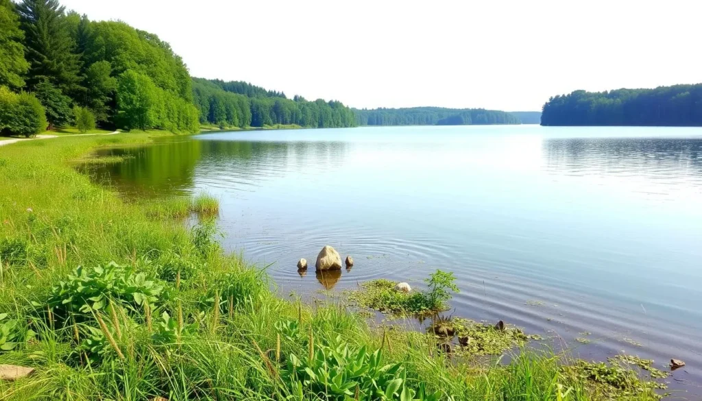 Monroe Lake with a serene shoreline and surrounding trees