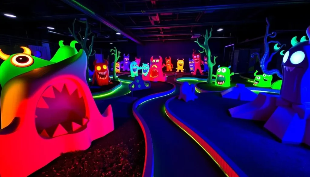 Monster Mini Golf Lafayette Indiana image with a glow-in-the-dark, monster-themed mini-golf course