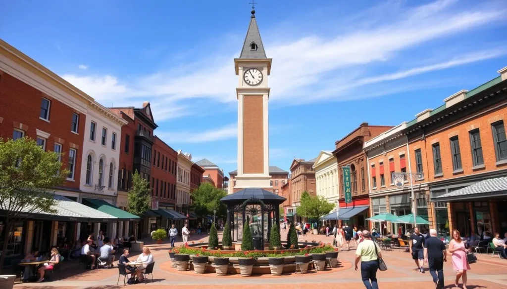 Morgan Square in downtown Spartanburg with historic clock tower and outdoor dining areas