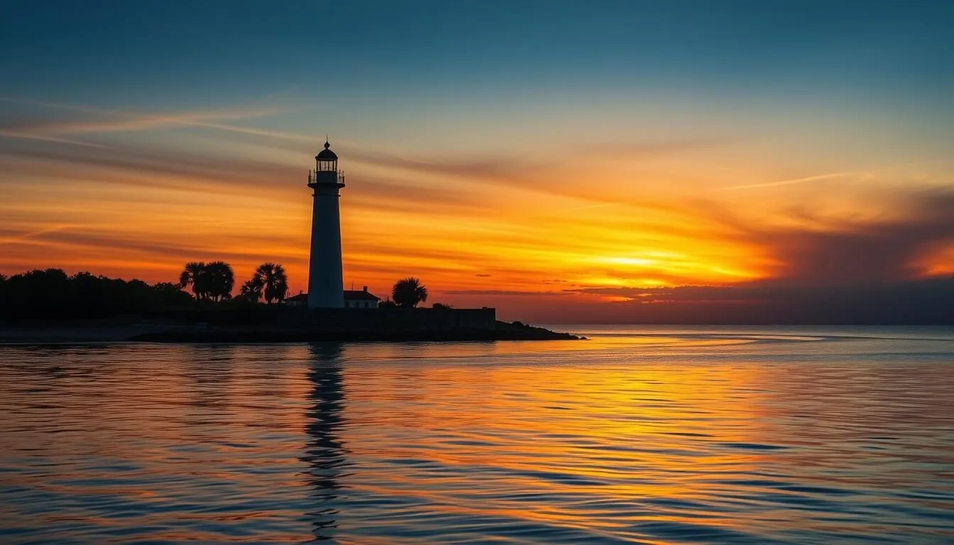 Morris Island Lighthouse standing in the ocean with sunrise colors reflecting on the water