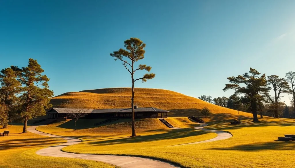 Moundville Archaeological Park, a sprawling Native American heritage site nestled in the lush Alabama countryside. Capture the imposing earthen mounds rising majestically against a clear azure sky, their grassy slopes basking in warm, golden sunlight. In the foreground, winding paths lead visitors through the tranquil grounds, past the remnants of ancient dwellings and ceremonial structures. The middle ground showcases the museum, its architecture seamlessly blending with the natural landscape. Tall trees sway gently, casting soft, dappled shadows across the scene, evoking a serene, contemplative atmosphere. Render this tableau with a crisp, cinematic lens, inviting the viewer to immerse themselves in the rich history and cultural legacy of the Moundville people.