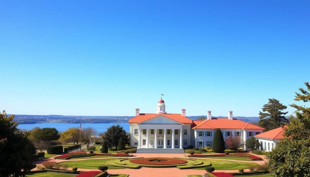 Mount Vernon mansion with its iconic red roof and white columns overlooking the Potomac River