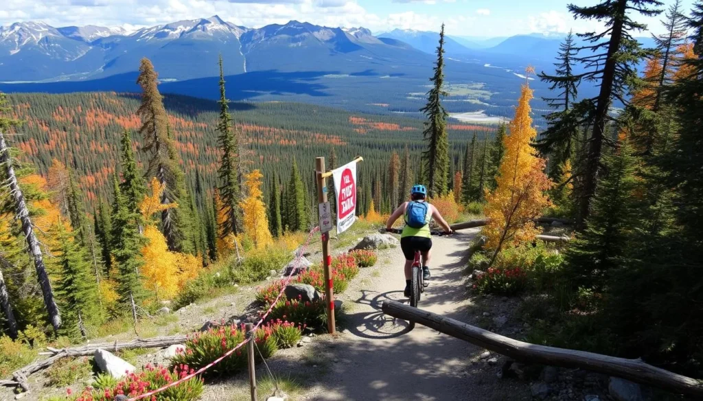 Mountain biking in Jasper National Park with trails winding through lush forests and scenic landscapes.