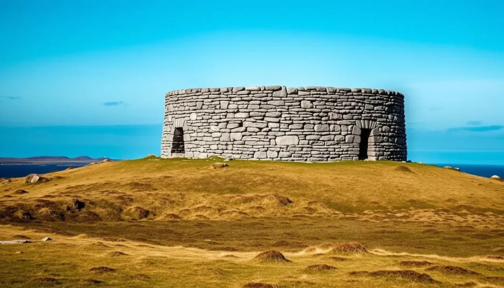 Mousa Broch ancient stone tower standing tall on the uninhabited island of Mousa