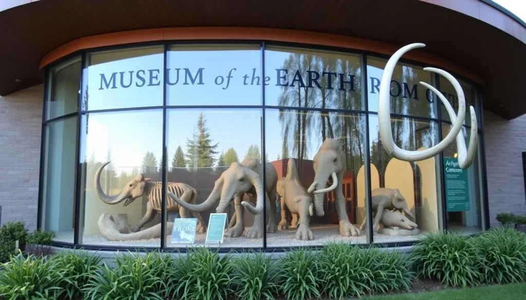 Museum of the Earth Ithaca exterior with Hyde Park Mastodon fossil display