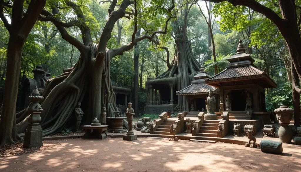 Mystical sculptures and shrines at the UNESCO-listed Osun-Osogbo Sacred Grove surrounded by lush forest Mystical sculptures and shrines at the UNESCO-listed Osun-Osogbo Sacred Grove surrounded by lush forest