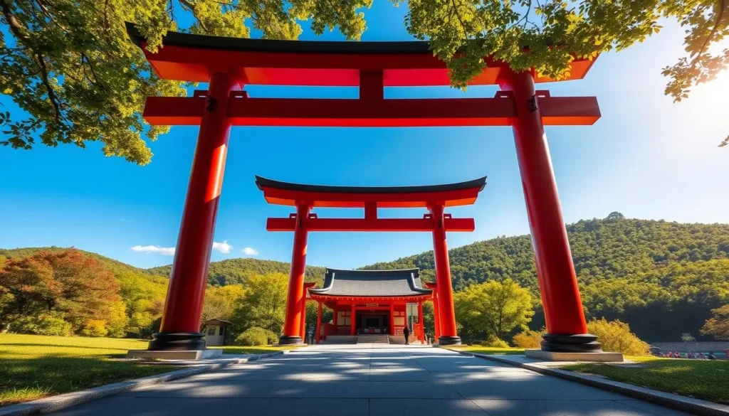 Nagato Toyokawa-inari Shrine, a serene Shinto sanctuary nestled in the heart of Yamaguchi City. Capture the majestic vermilion torii gates, their ornate silhouettes framed against a clear azure sky. Sunlight filters through the lush foliage, casting a warm, ethereal glow upon the tranquil scene. In the foreground, the smooth stone path invites visitors to explore the grounds, leading them towards the shrine's inner sanctum. The middle ground features the iconic torii gates, their graceful curves and intricate carvings a testament to the region's rich spiritual heritage. The background showcases the verdant, rolling hills that embrace the shrine, creating a harmonious, peaceful atmosphere. Render this image with a sense of reverence and wonder, showcasing the unique spiritual experience that awaits within Nagato Toyokawa-inari Shrine.