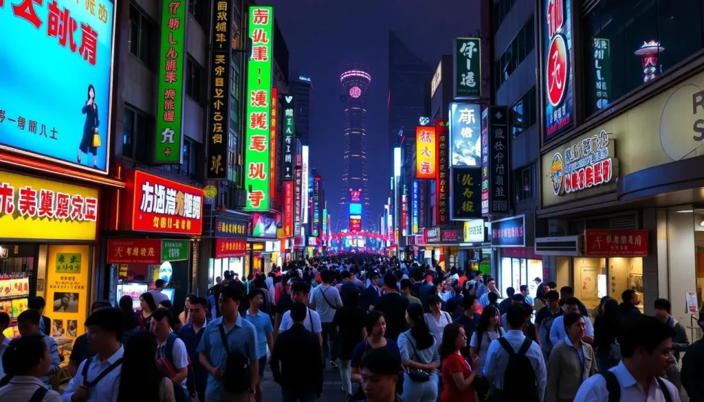 Nanjing Road Pedestrian Street in Shanghai, China, with neon lights and bustling atmosphere