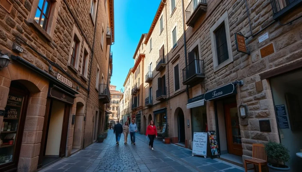 Narrow cobblestone streets of San Marino's historic center with medieval architecture Narrow cobblestone streets of San Marino's historic center with medieval architecture