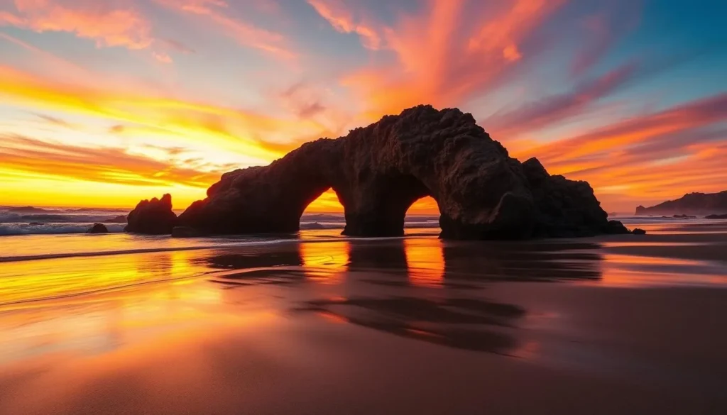 Natural Bridges State Beach in Santa Cruz during sunset with beautiful orange sky Natural Bridges State Beach in Santa Cruz during sunset with beautiful orange sky