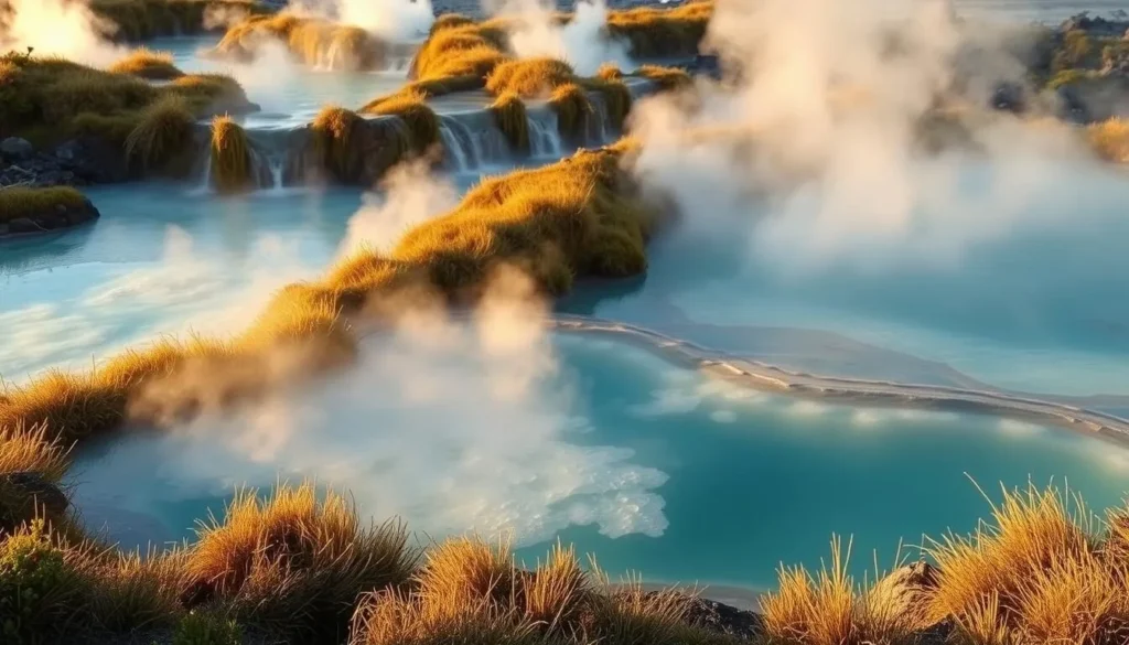 Natural hot springs in Rotorua with steam rising, relaxing New Zealand experience Natural hot springs in Rotorua with steam rising, relaxing New Zealand experience