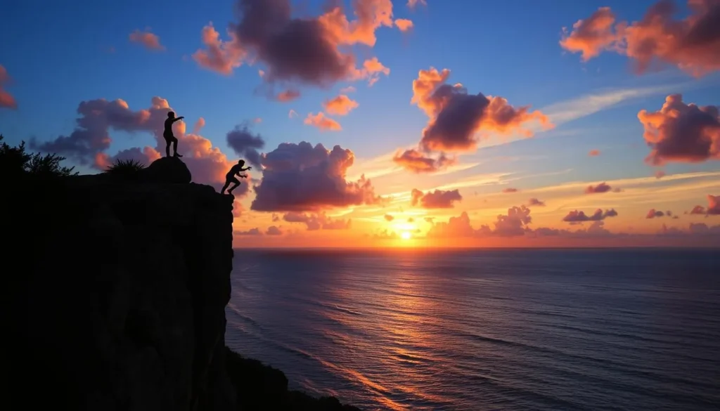 Negril Cliffs in Jamaica with cliff divers and a stunning sunset