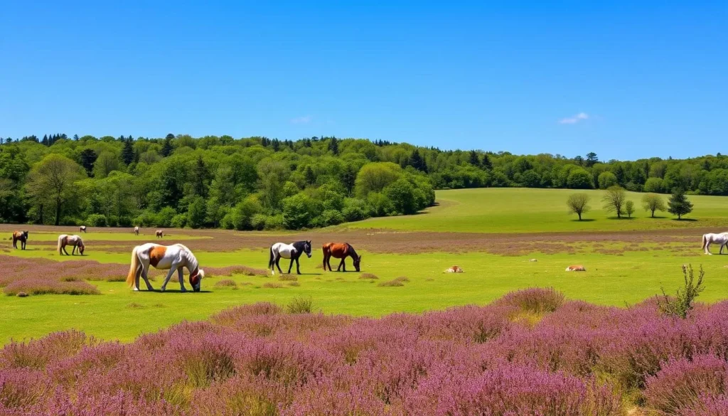 New Forest National Park with wild ponies grazing in open heathland New Forest National Park with wild ponies grazing in open heathland