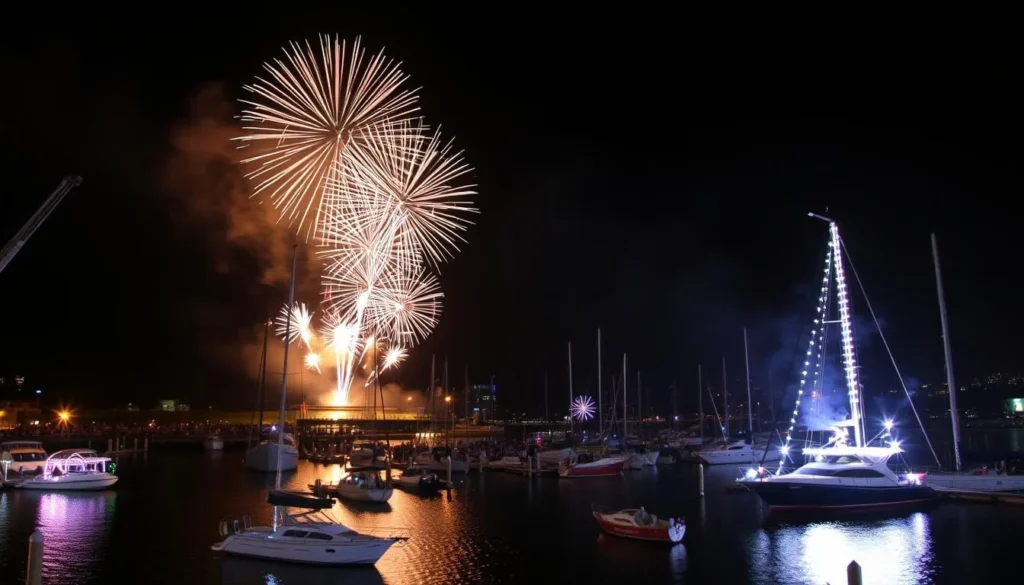 New Year's Eve fireworks display over Nelson Bay harbor with boats in the foreground New Year's Eve fireworks display over Nelson Bay harbor with boats in the foreground
