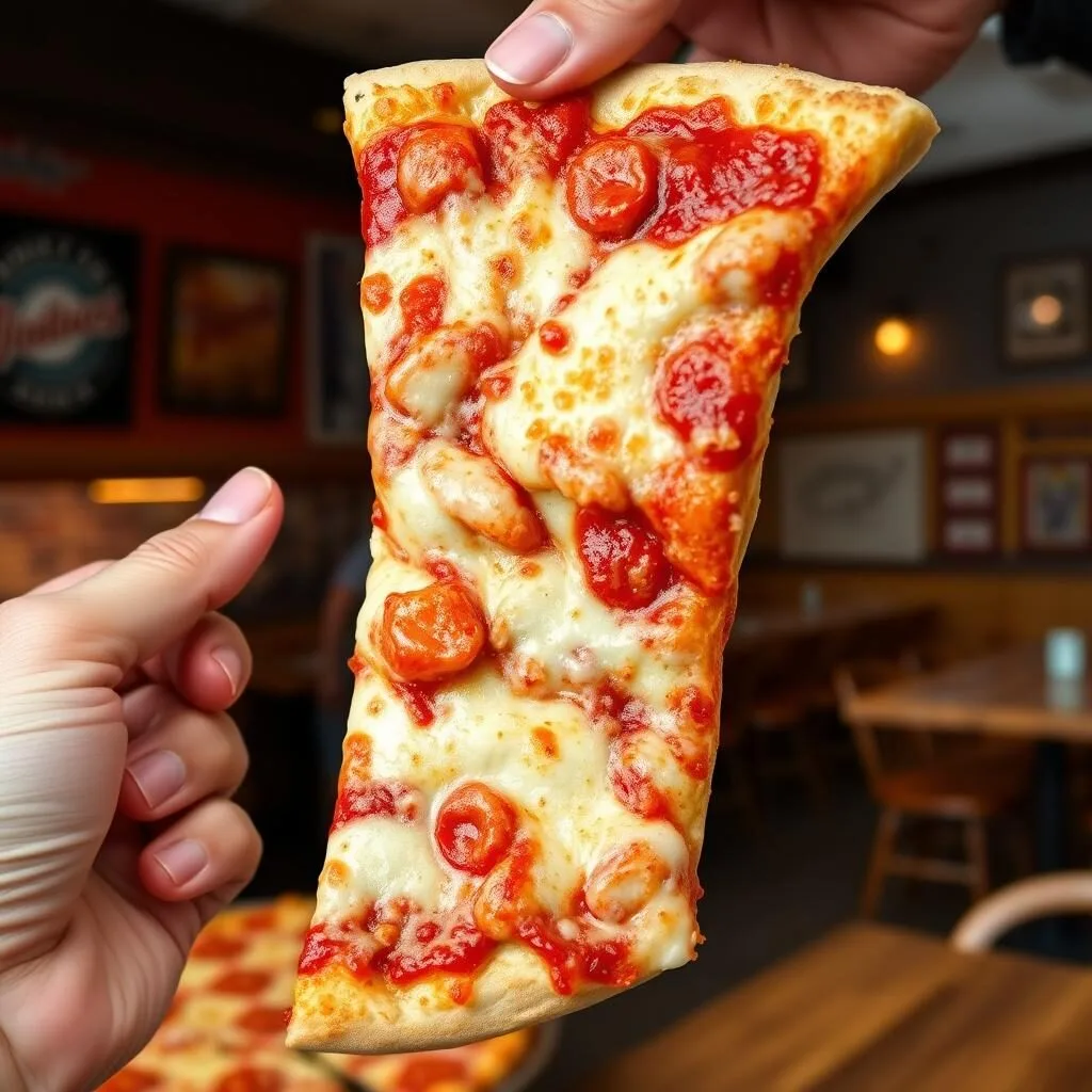 New York-style pizza slice being folded in Washington DC acclaimed pizza restaurant New York-style pizza slice being folded in Washington DC acclaimed pizza restaurant