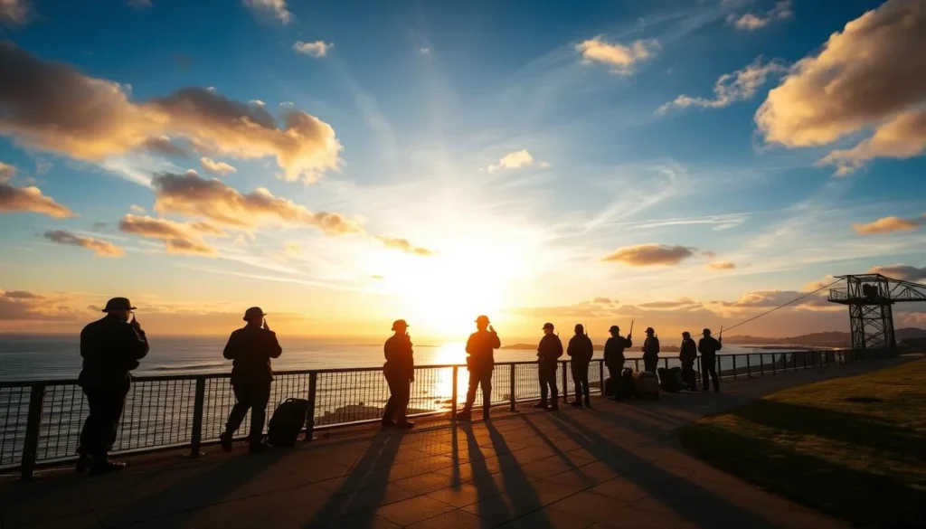 Newcastle Memorial Walk with steel silhouettes against ocean backdrop at sunset
