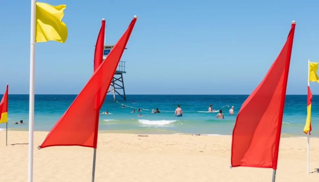 Newcastle beach with red and yellow safety flags and lifeguard tower