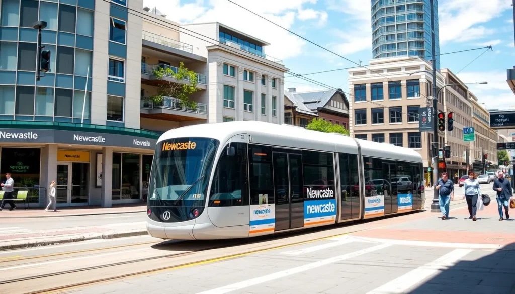 Newcastle's light rail system passing through the city center on a sunny day