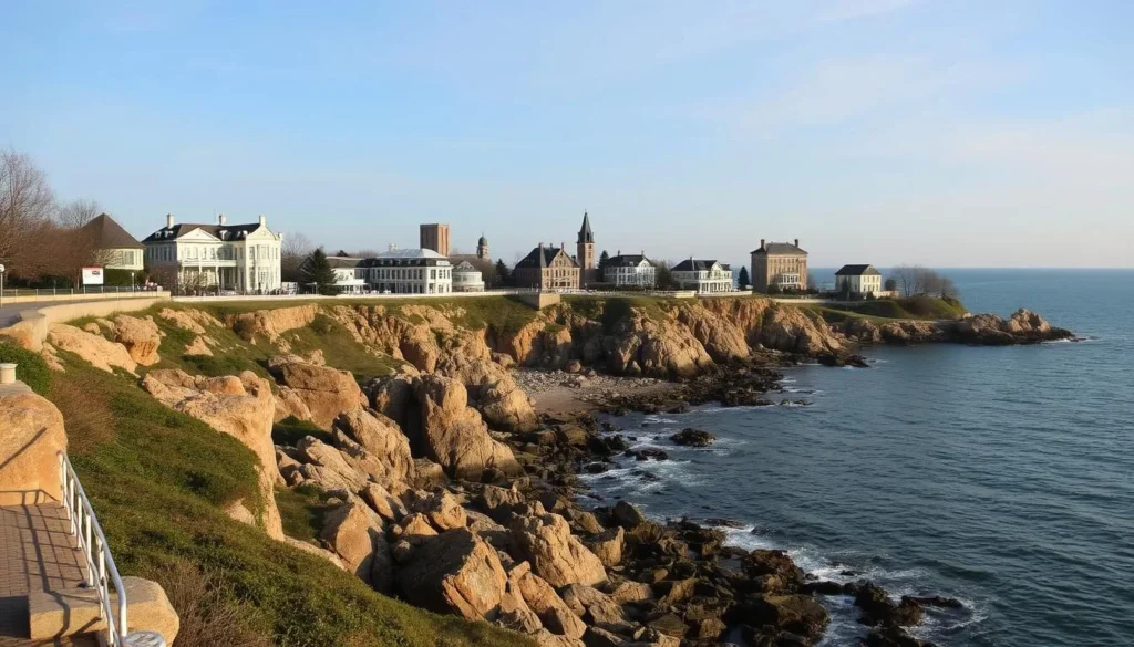 Newport Cliff Walk Rhode Island with rocky cliffs and Gilded Age mansions