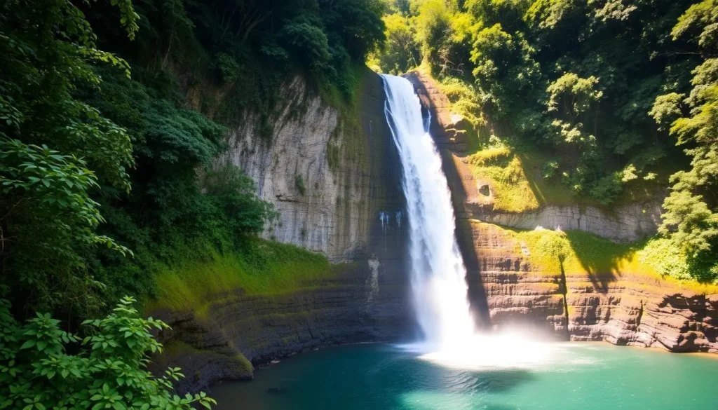 Ngardmau Waterfall in Palau with cascading water and lush jungle surroundings Ngardmau Waterfall in Palau with cascading water and lush jungle surroundings
