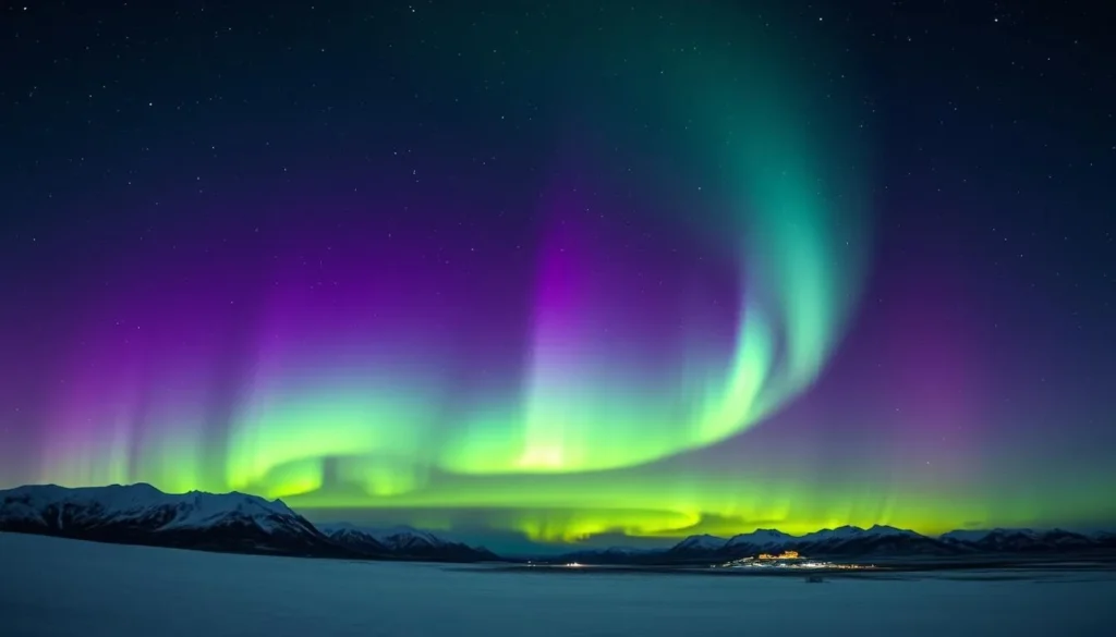 Northern lights dancing over snow-covered landscape in Svalbard, popular Svalbard and Jan Mayen things to do Northern lights dancing over snow-covered landscape in Svalbard, popular Svalbard and Jan Mayen things to do