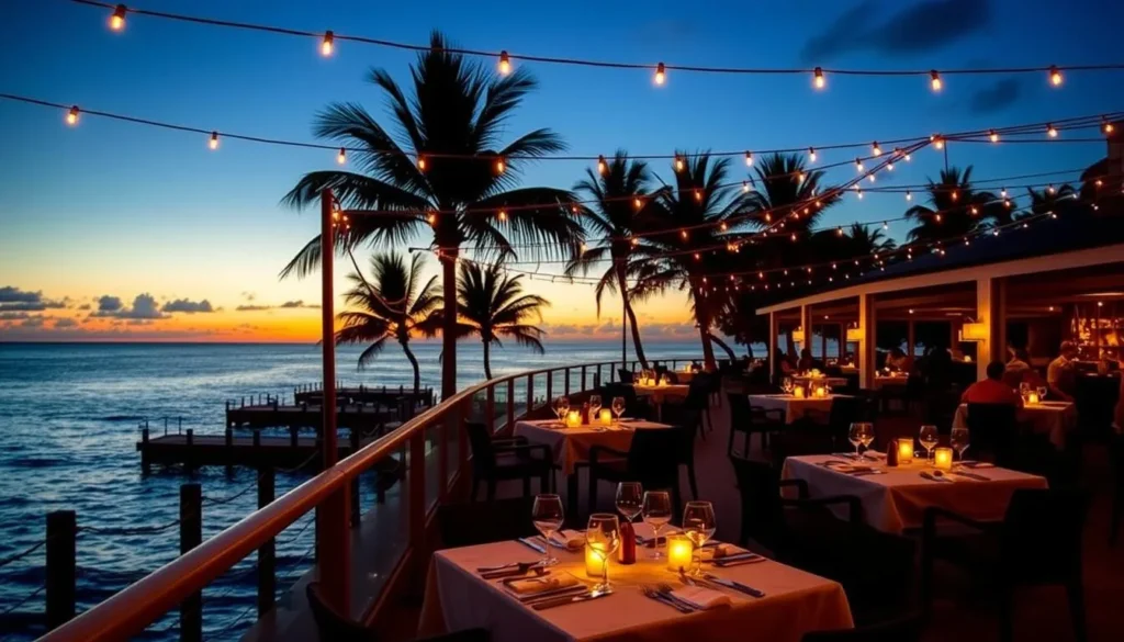 Oceanfront restaurant on Harbour Island Bahamas with sunset view