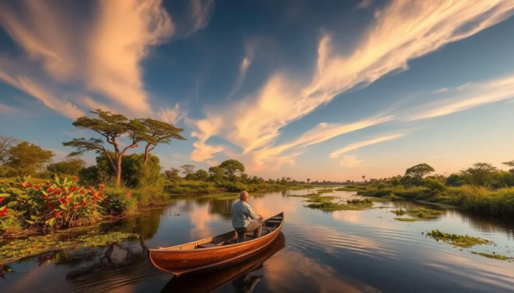 Okavango Delta landscape with mokoro canoe