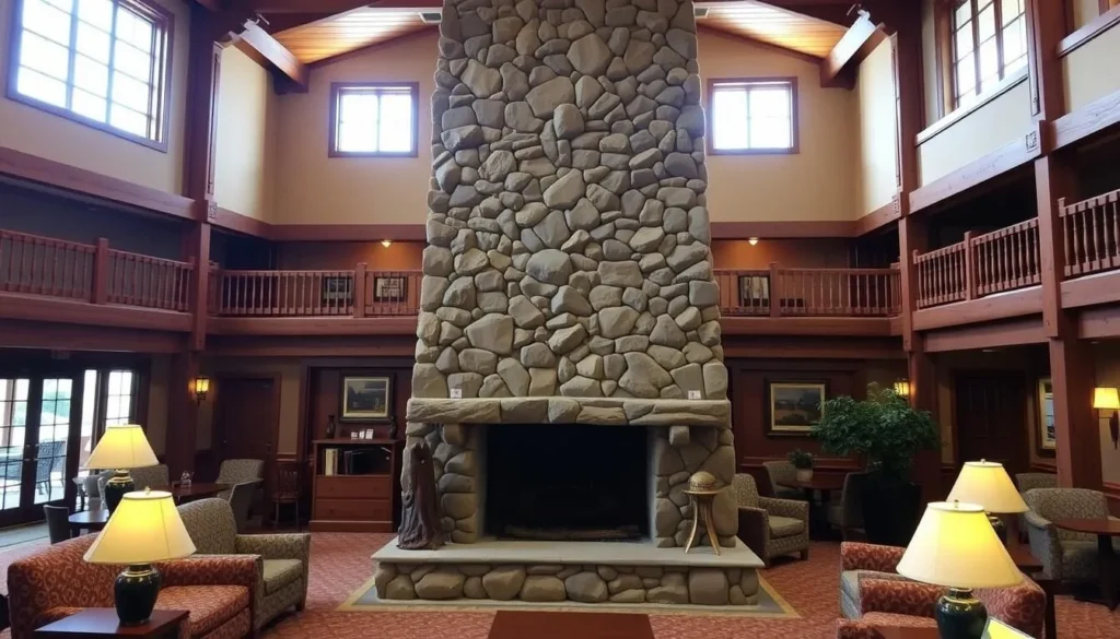 Old Faithful Inn lobby with massive stone fireplace