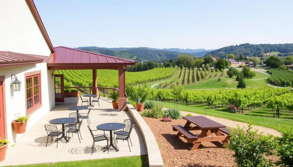 Oliver Winery & Vineyards with a patio seating area and hillside picnic area