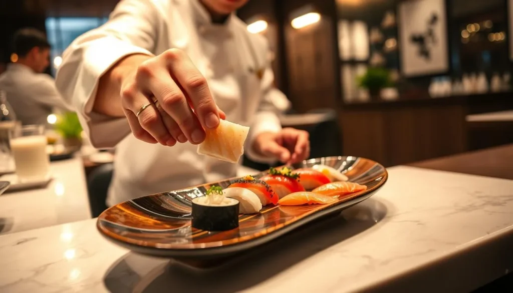 Omakase presentation at a high-end Washington DC Japanese restaurant with chef preparing nigiri
