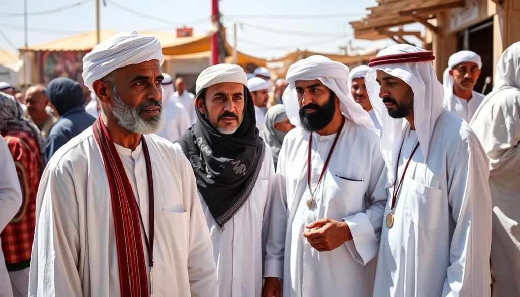 Omani men in traditional dishdasha and kumma headwear at a cultural event